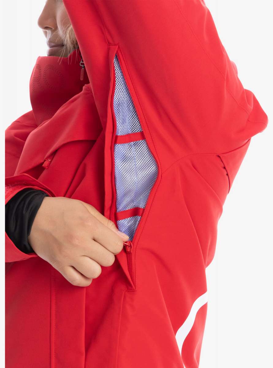 Roxy Women's Chloe Kim Overhead Jacket 2023 - A red jacket with a white logo on the left chest and a hood.