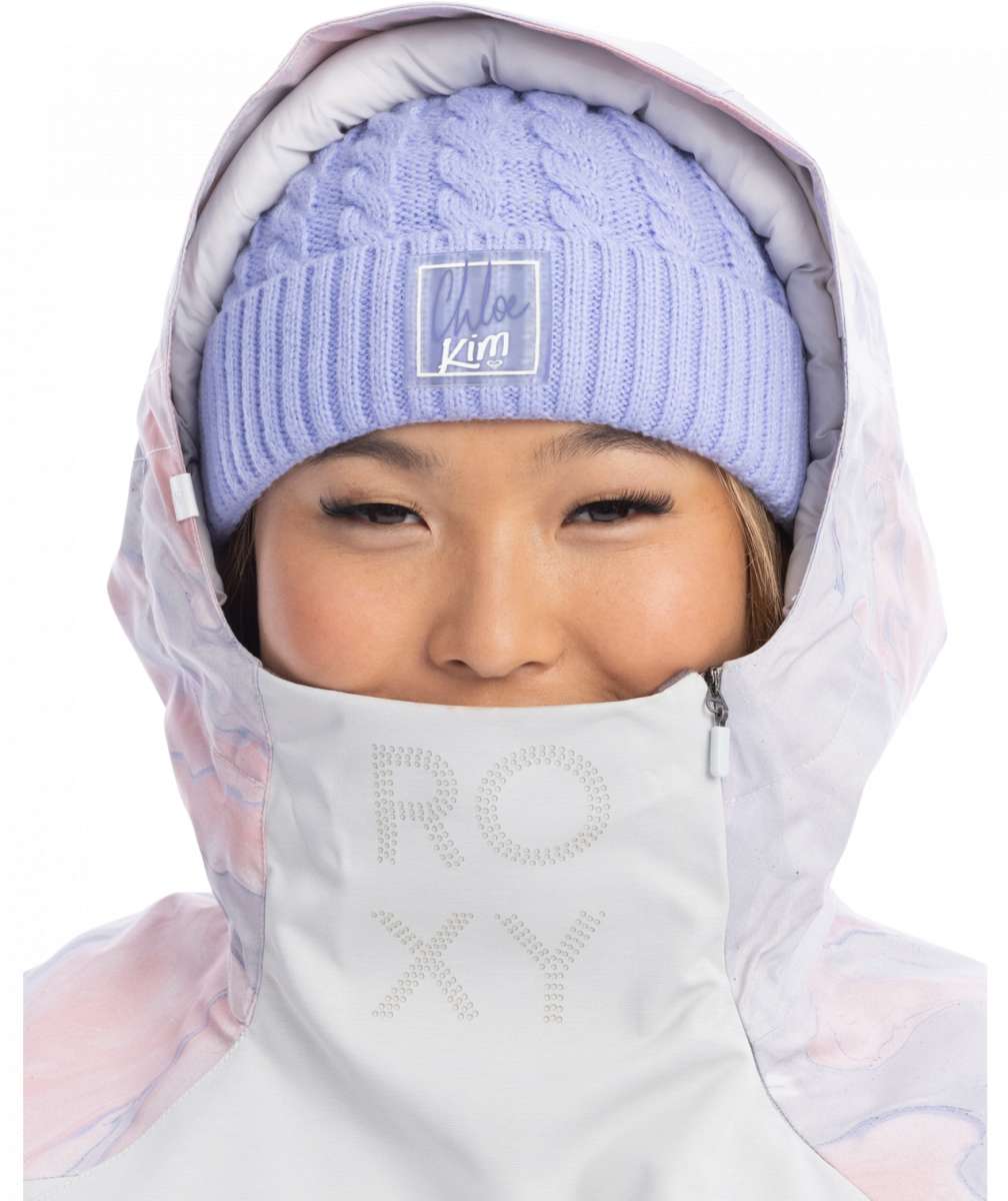 Roxy Women's Chloe Kim Overhead Jacket 2023 - A light blue jacket with a white logo on the chest and a hood.