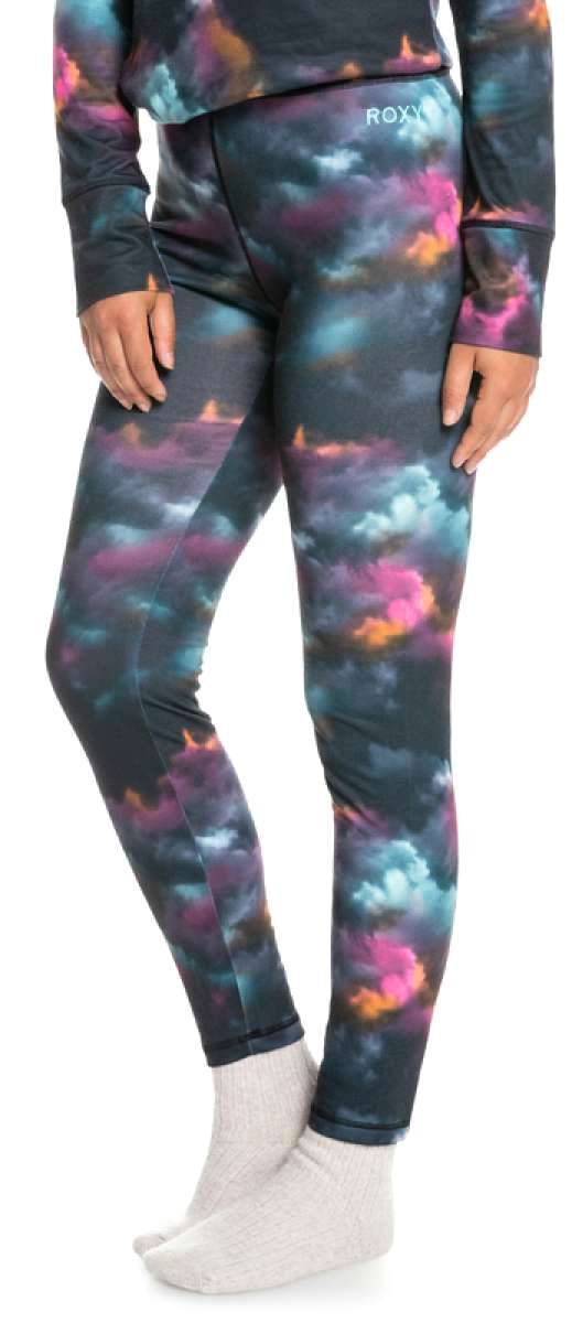 Roxy Women's Daybreak Base Layer Bottoms 2022 - A pair of black base layer bottoms with a subtle pink and blue tie-dye pattern.