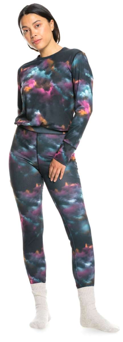 Roxy Women's Daybreak Base Layer Bottoms 2022 - A pair of black base layer bottoms with a subtle pink and blue pattern.