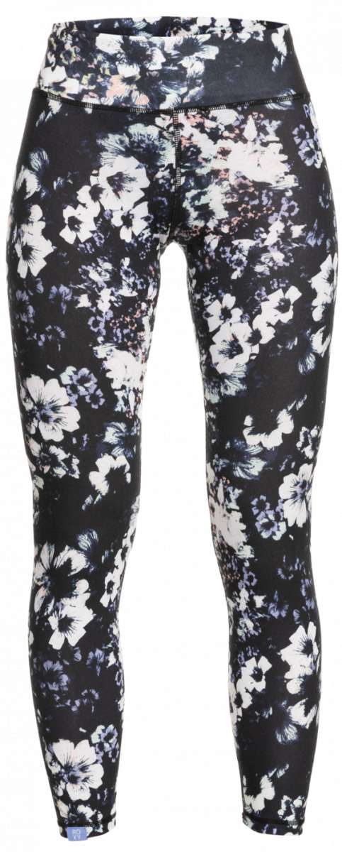 Roxy Women's Daybreak Bottom Base Layer 2023 - A pair of black leggings with a subtle floral pattern in white and light pink.