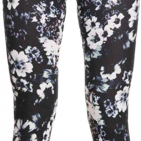 Roxy Women's Daybreak Bottom Base Layer 2023 - A pair of black leggings with a subtle floral pattern in white and light pink.