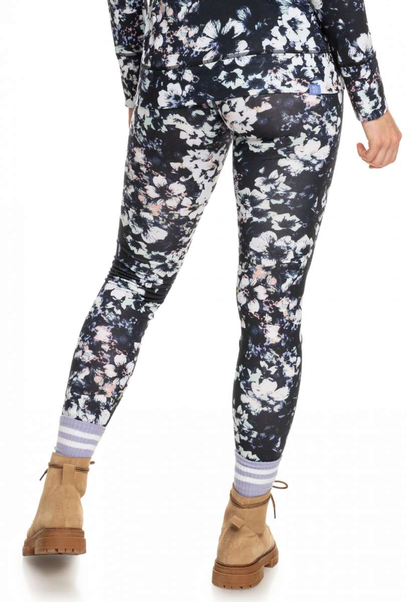 Roxy Women's Daybreak Bottom Base Layer 2023 - A black base layer with a subtle white floral pattern and pink accents.