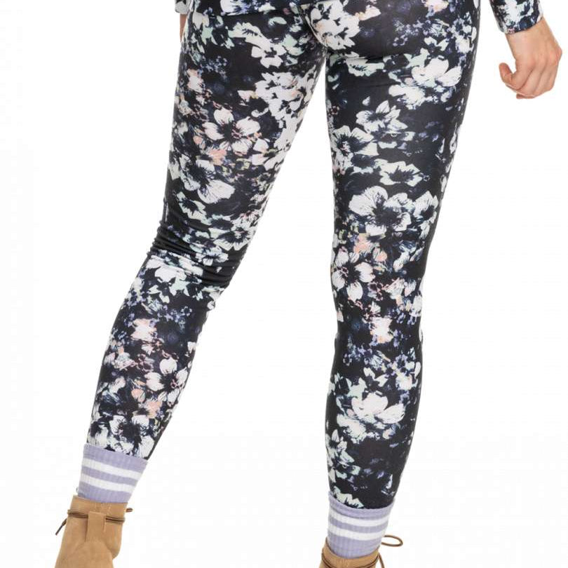 Roxy Women's Daybreak Bottom Base Layer 2023 - A black base layer with a subtle white floral pattern and pink accents.