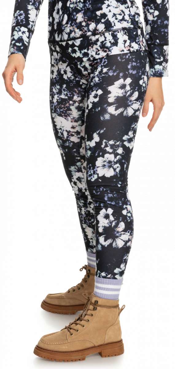 Roxy Women's Daybreak Bottom Base Layer 2023 - Black base layer with white floral pattern and a high waistband.