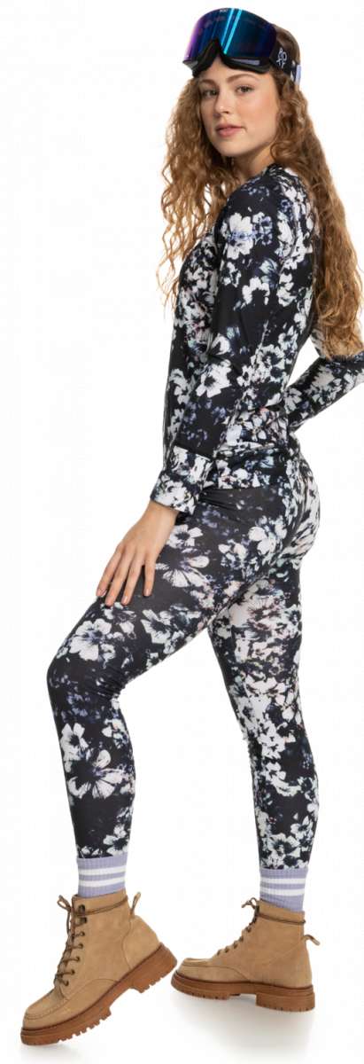 Roxy Women's Daybreak Bottom Base Layer 2023 - A black base layer with a white floral pattern and blue accents.