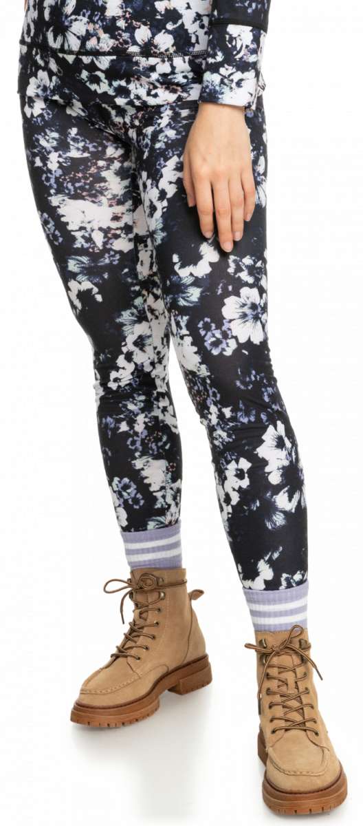 Roxy Women's Daybreak Bottom Base Layer 2023 - Black base layer with a subtle floral pattern and white accents.