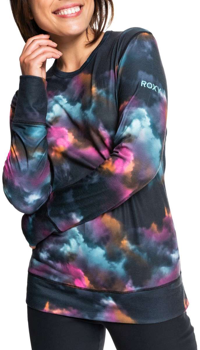 Roxy Women's Daybreak Base Layer Top 2022 - A black base layer top with a subtle white logo on the chest and a small tag near the bottom hem.
