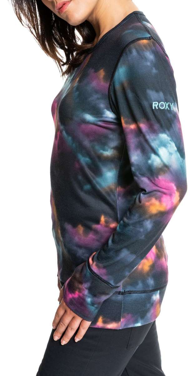 Roxy Women's Daybreak Base Layer Top 2022 - A black base layer top with a subtle tie-dye pattern in shades of pink, blue and orange.