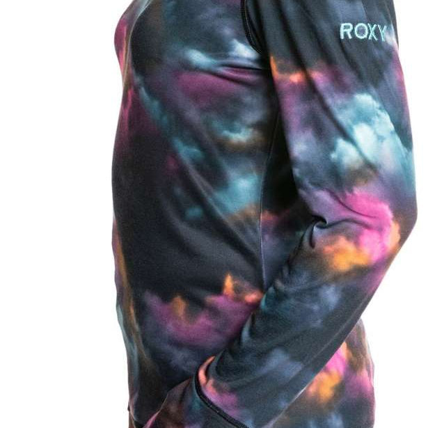 Roxy Women's Daybreak Base Layer Top 2022 - A black base layer top with a subtle tie-dye pattern in shades of pink, blue and orange.