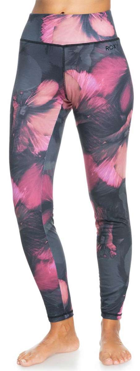 Roxy Women's Daybreak Bottom Base Layer 2024 - A pair of women's base layer bottoms with a pink and grey abstract floral pattern.