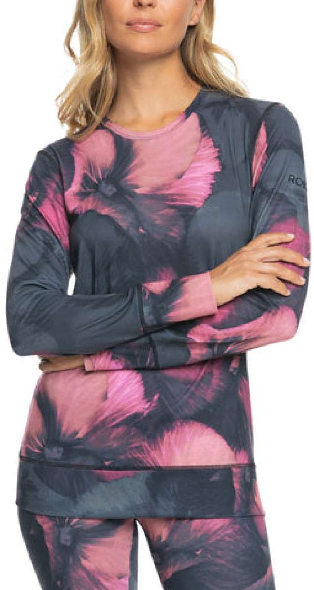 Roxy Women's Daybreak Top 2024 - A pink, long-sleeved top with a crew neck and abstract floral pattern on a black background.