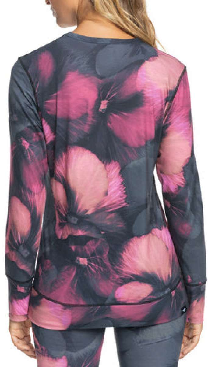 Roxy Women's Daybreak Top 2024 - A black top with a pink floral pattern and a crew neck.