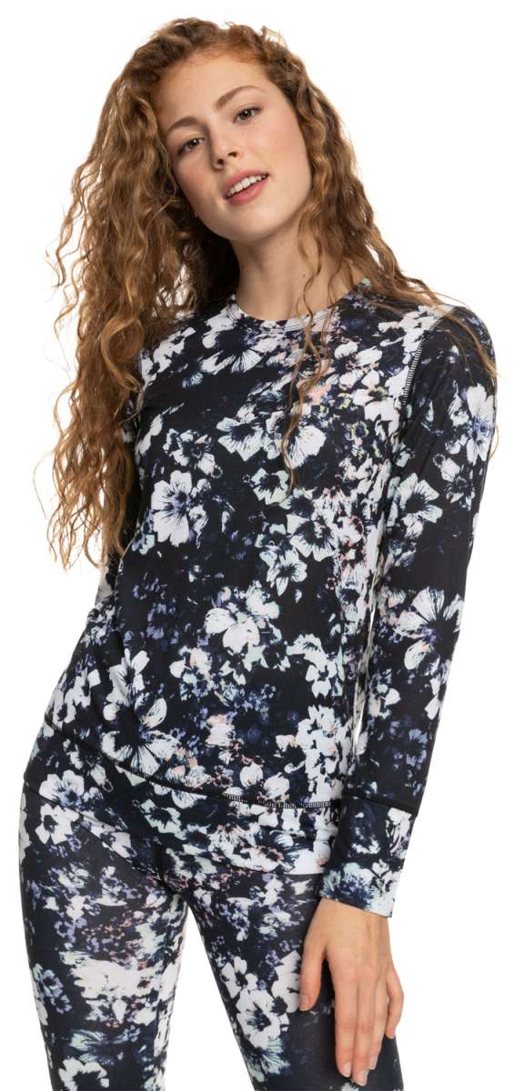 Roxy Women's Daybreak Top Base Layer 2023 - A black top with a white floral pattern and a crew neck.