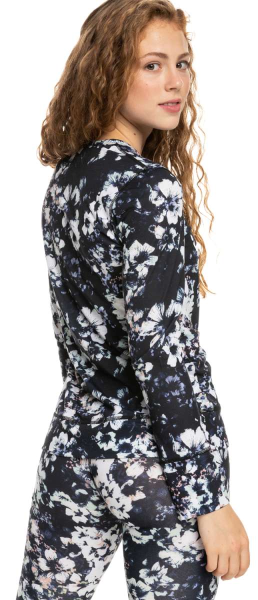 Roxy Women's Daybreak Top Base Layer 2023 - A black top with a white floral pattern and blue accents.