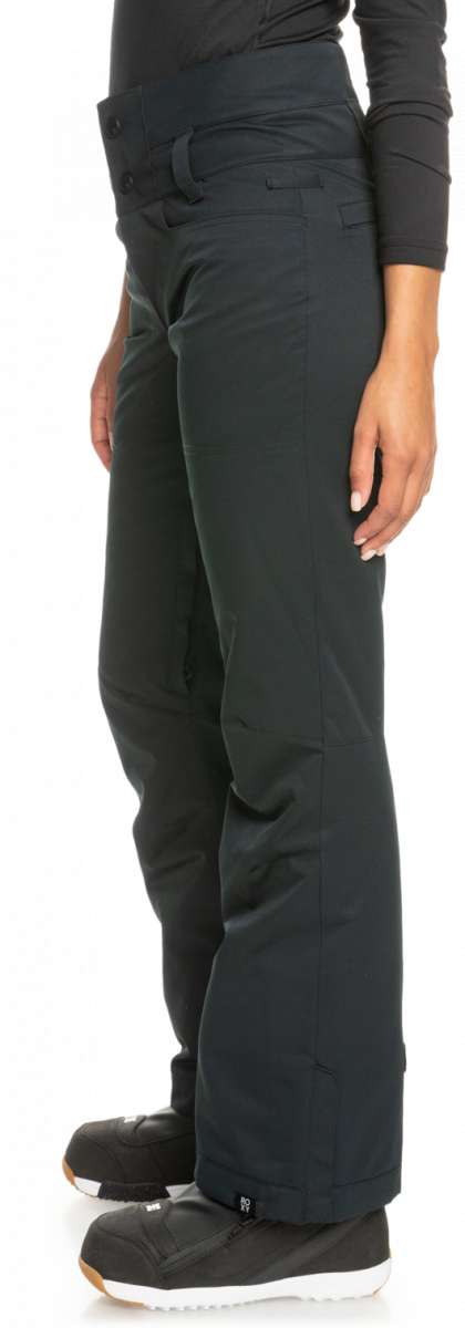 Roxy Women's Diversion Insulated Pant 2023 - Black snow pants with a zippered pocket on the right thigh and two belt loops at the waist.