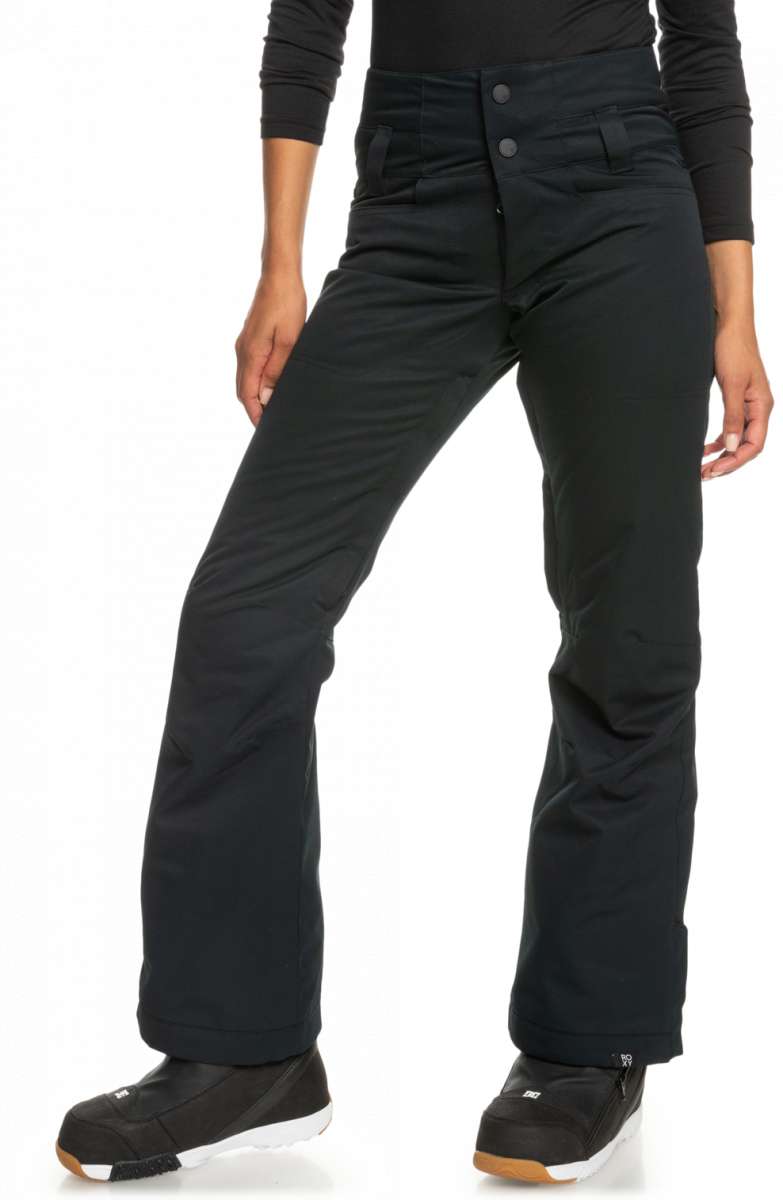 Roxy Women's Diversion Insulated Pant 2023 - Black snow pants with a subtle white stripe pattern on the side of each leg.