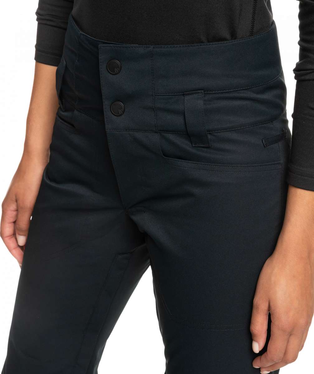 Roxy Women's Diversion Insulated Pant 2023 - A pair of black insulated ski pants with a zippered pocket on the side and two buttons at the waist.