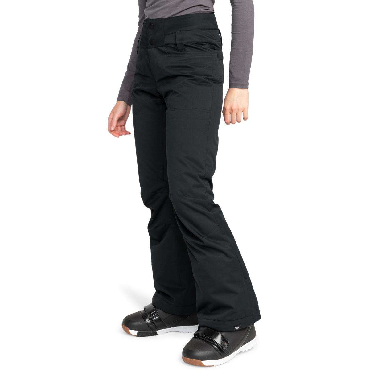 Roxy Women's Diversion Insulated Pant 2024 - Black snow pants with a subtle white stripe pattern on the side seams.