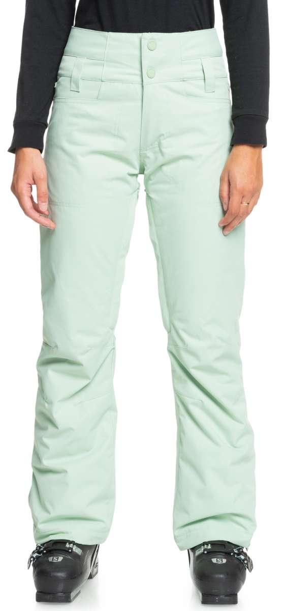 Roxy Women's Diversion Insulated Pant 2024 - A pair of light green snow pants with a zippered pocket on the side and a small white logo near the bottom hem.