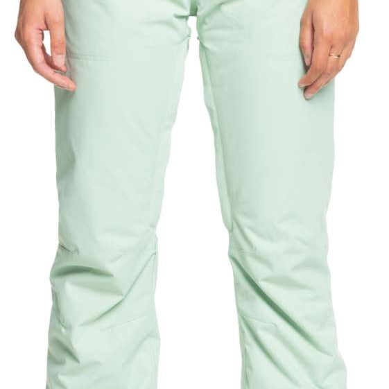 Roxy Women's Diversion Insulated Pant 2024 - A pair of light green snow pants with a zippered pocket on the side and a small white logo near the bottom hem.
