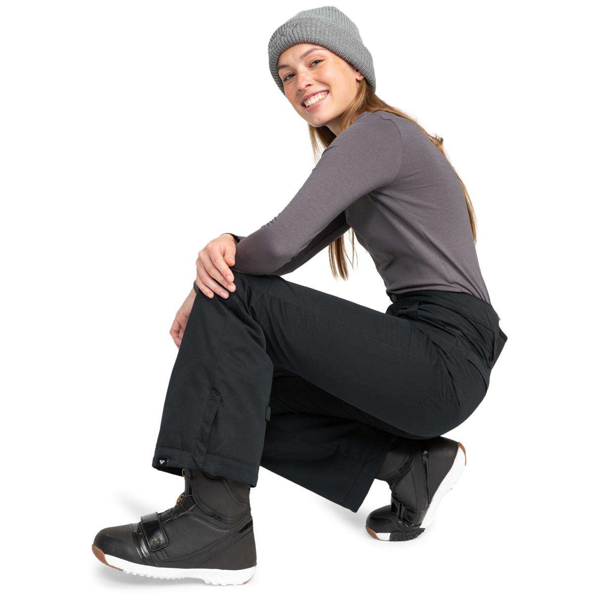 Roxy Women's Diversion Insulated Pant 2024 - Black snow pants with a subtle white stripe down the side of each leg.