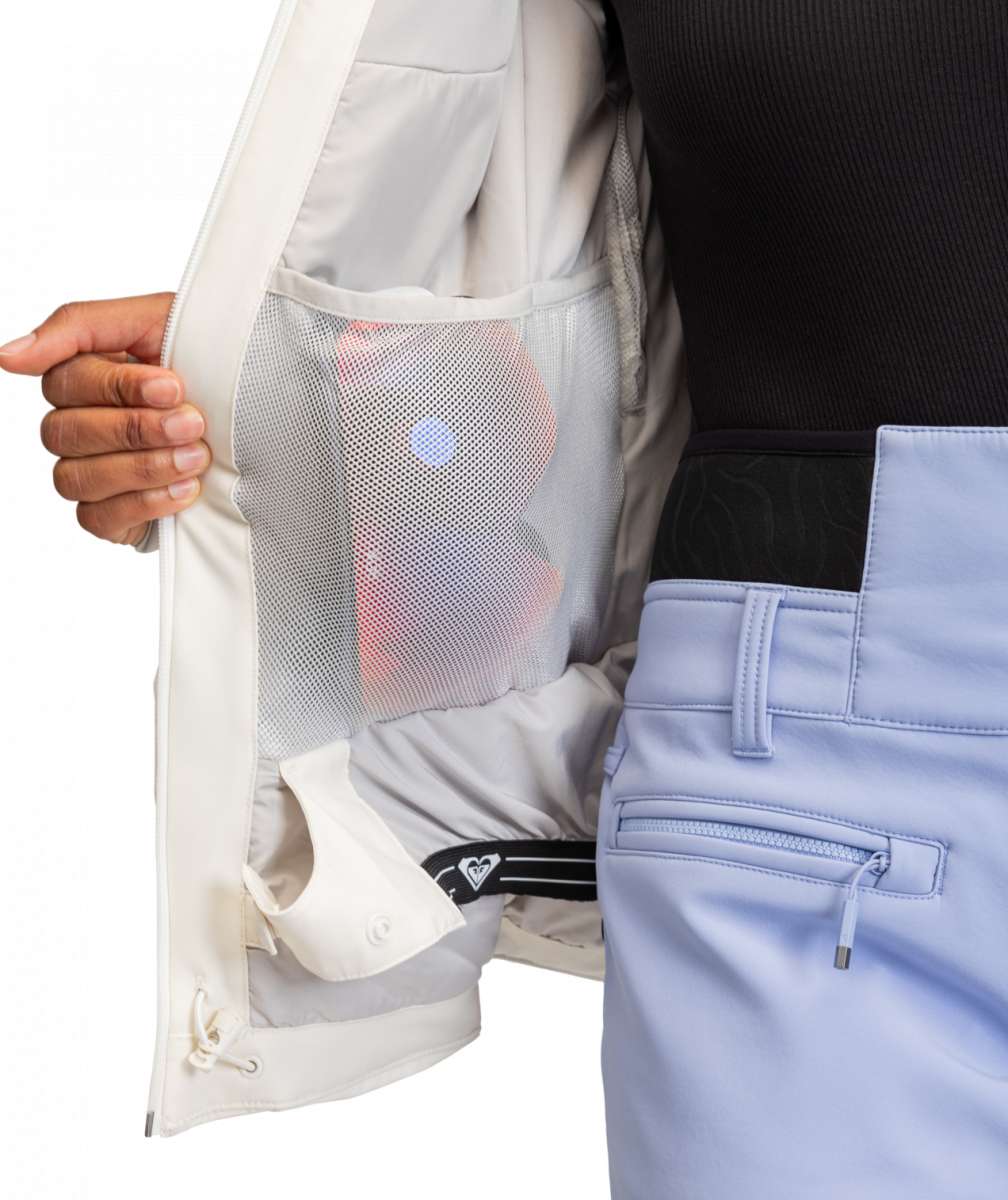 Roxy Women's Dusk Warmlink Insulated Jacket 2024 - A light grey jacket with a subtle pattern of darker grey lines and a black zipper on the left chest.