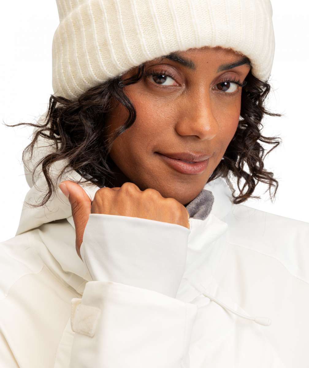 Roxy Women's Dusk Warmlink Insulated Jacket 2024 - A cream-colored jacket with a subtle, darker cream stripe pattern on the sleeves and chest.