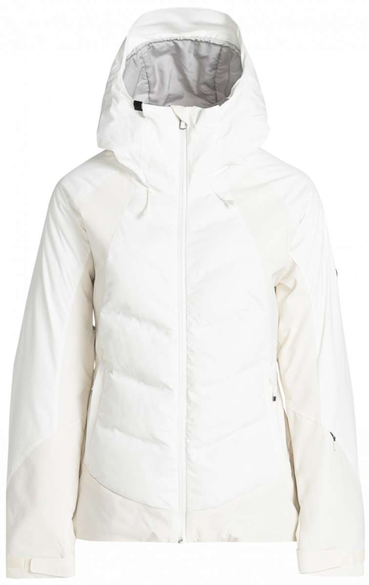 Roxy Women's Dusk Warmlink Insulated Jacket 2024 - A white down-filled puffer jacket with a hood, featuring a zip closure and two front pockets.