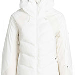 Roxy Women's Dusk Warmlink Insulated Jacket 2024 - A white down-filled puffer jacket with a hood, featuring a zip closure and two front pockets.