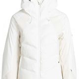 Roxy Women's Dusk Warmlink Insulated Jacket 2024 - A white down-filled puffer jacket with a hood, featuring a zip closure and two front pockets.