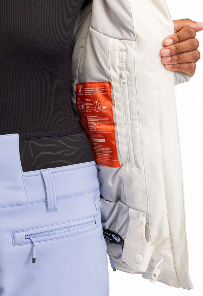 Roxy Women's Dusk Warmlink Insulated Jacket 2024 - A light gray jacket with a darker gray pattern on the back and sleeves, featuring a zippered pocket on the chest.