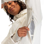 Roxy Women's Dusk Warmlink Insulated Jacket 2024 - A cream-colored jacket with a hood, featuring a zippered front and two side pockets.