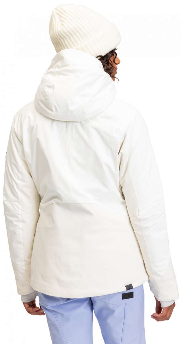 Roxy Women's Dusk Warmlink Insulated Jacket 2024 - A cream-colored jacket with a hood, worn by a model from behind.
