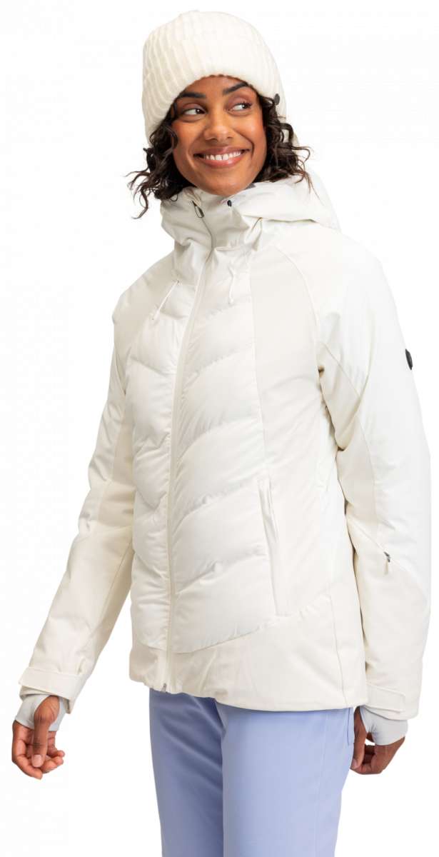 Roxy Women's Dusk Warmlink Insulated Jacket 2024 - A cream-colored jacket with a hood, featuring a diagonal quilted pattern and zippered pockets on either side.