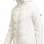 Roxy Women's Dusk Warmlink Insulated Jacket 2024 - A cream-colored jacket with a hood, featuring a diagonal quilted pattern and zippered pockets on either side.