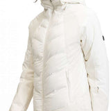 Roxy Women's Dusk Warmlink Insulated Jacket 2024 - A cream-colored jacket with a hood, featuring a diagonal quilted pattern and zippered pockets on either side.