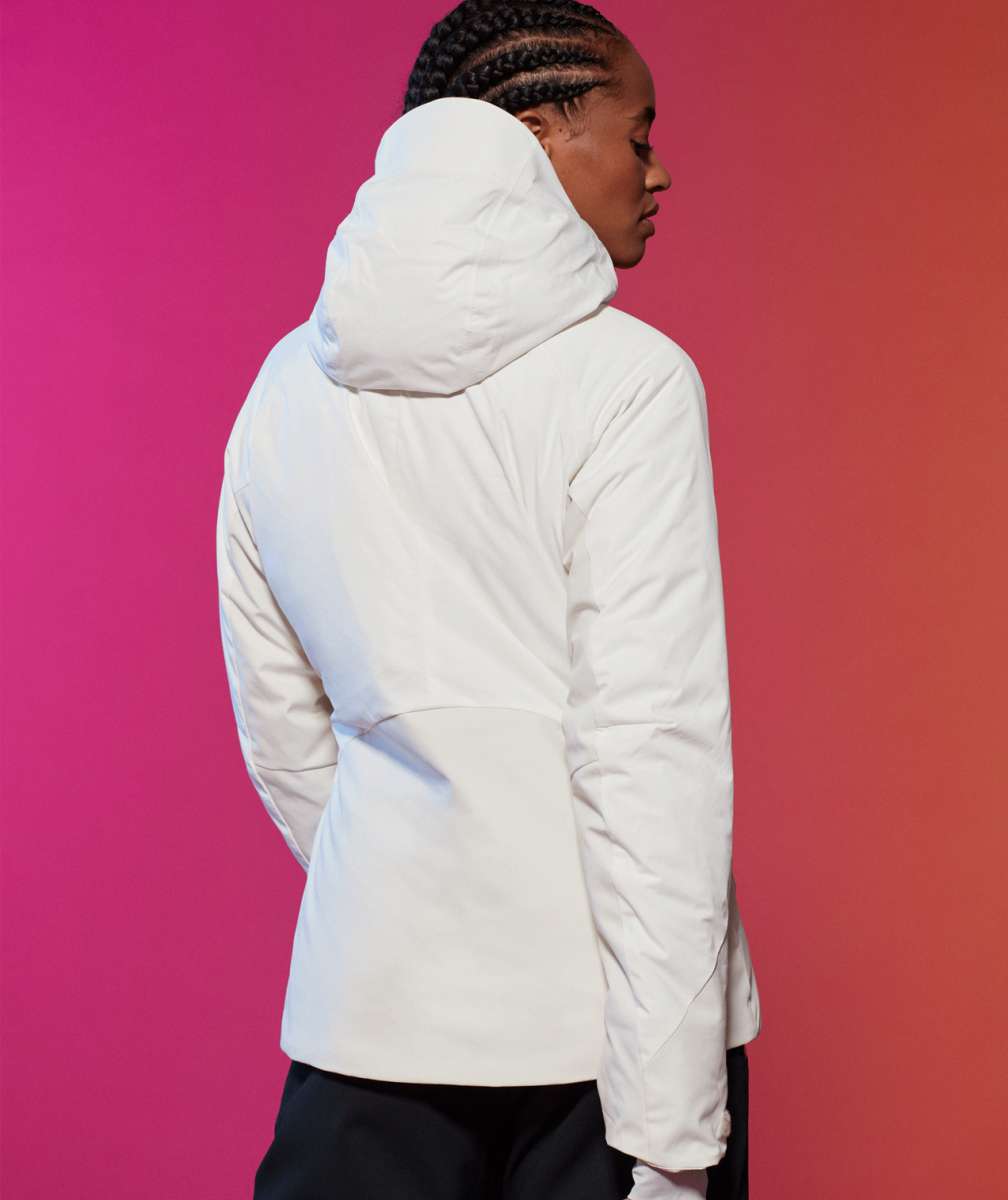 Roxy Women's Dusk Warmlink Insulated Jacket 2024 - A white jacket with a hood, worn by a model facing away from the camera.