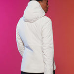 Roxy Women's Dusk Warmlink Insulated Jacket 2024 - A white jacket with a hood, worn by a model facing away from the camera.