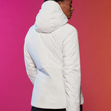 Roxy Women's Dusk Warmlink Insulated Jacket 2024 - A white jacket with a hood, worn by a model facing away from the camera.