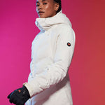 Roxy Women's Dusk Warmlink Insulated Jacket 2024 - A white jacket with a hood and zippered pockets, featuring a small black logo on the left sleeve.
