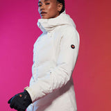 Roxy Women's Dusk Warmlink Insulated Jacket 2024 - A white jacket with a hood and zippered pockets, featuring a small black logo on the left sleeve.