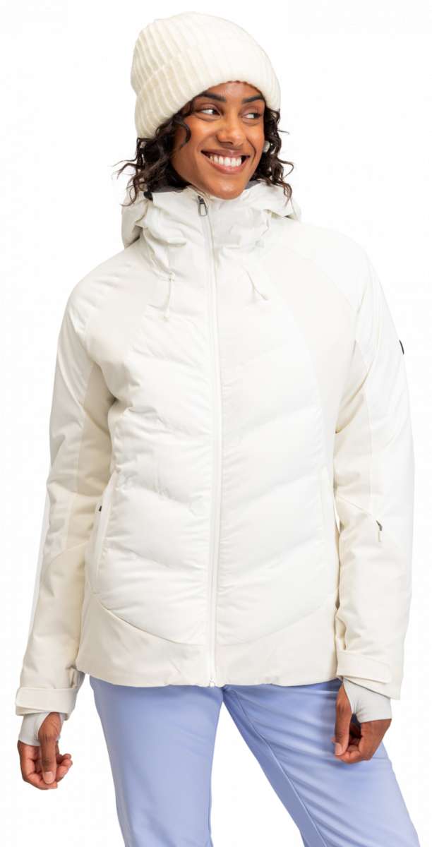 Roxy Women's Dusk Warmlink Insulated Jacket 2024 - A cream-colored jacket with a high collar and zippered pockets on either side.