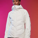 Roxy Women's Dusk Warmlink Insulated Jacket 2024 - A white jacket with a hood, featuring black accents on the sleeves and a zippered front.