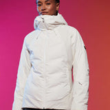 Roxy Women's Dusk Warmlink Insulated Jacket 2024 - A white jacket with a hood, featuring black accents on the sleeves and a zippered front.