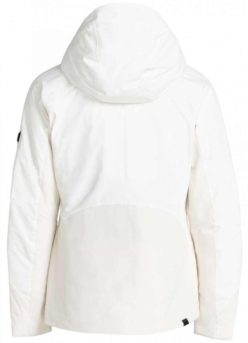 Roxy Women's Dusk Warmlink Insulated Jacket 2024 - A white jacket with a hood, featuring black accents on the sleeves and chest.