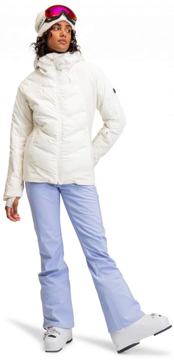Roxy Women's Dusk Warmlink Insulated Jacket - A white jacket with a hood, featuring black lettering on the left sleeve and a small black logo on the right chest area.