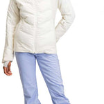 Roxy Women's Dusk Warmlink Insulated Jacket - A white jacket with a hood, featuring black lettering on the left sleeve and a small black logo on the right chest area.