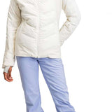 Roxy Women's Dusk Warmlink Insulated Jacket - A white jacket with a hood, featuring black lettering on the left sleeve and a small black logo on the right chest area.
