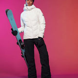 Roxy Women's Dusk Warmlink Insulated Jacket 2024 - A white jacket with a black logo on the left sleeve, worn by a model posing in front of a gray background.
